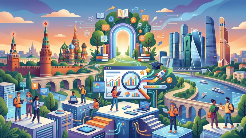 Современная иллюстрация образовательных платформ Москвы с графиками и иконками обучения в минималистичном стиле